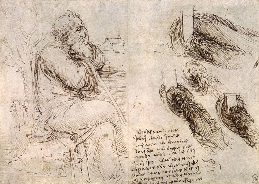 A seated man and studies and notes on the movement of water - by Leonardo da Vinci