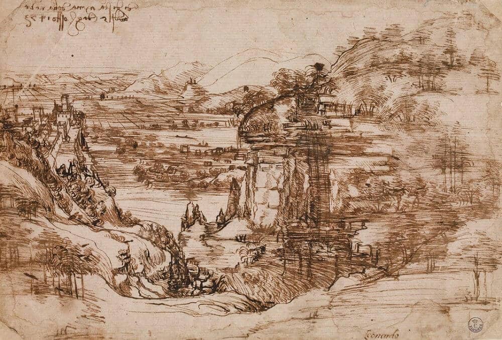 Landscape Drawing for Santa Maria Della Neve - by Leonardo da Vinci